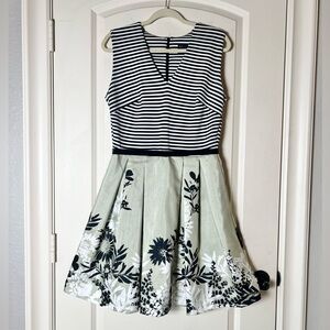 Just Taylor Black and White stripe and Sage Green Floral Fit and Flare dress 12